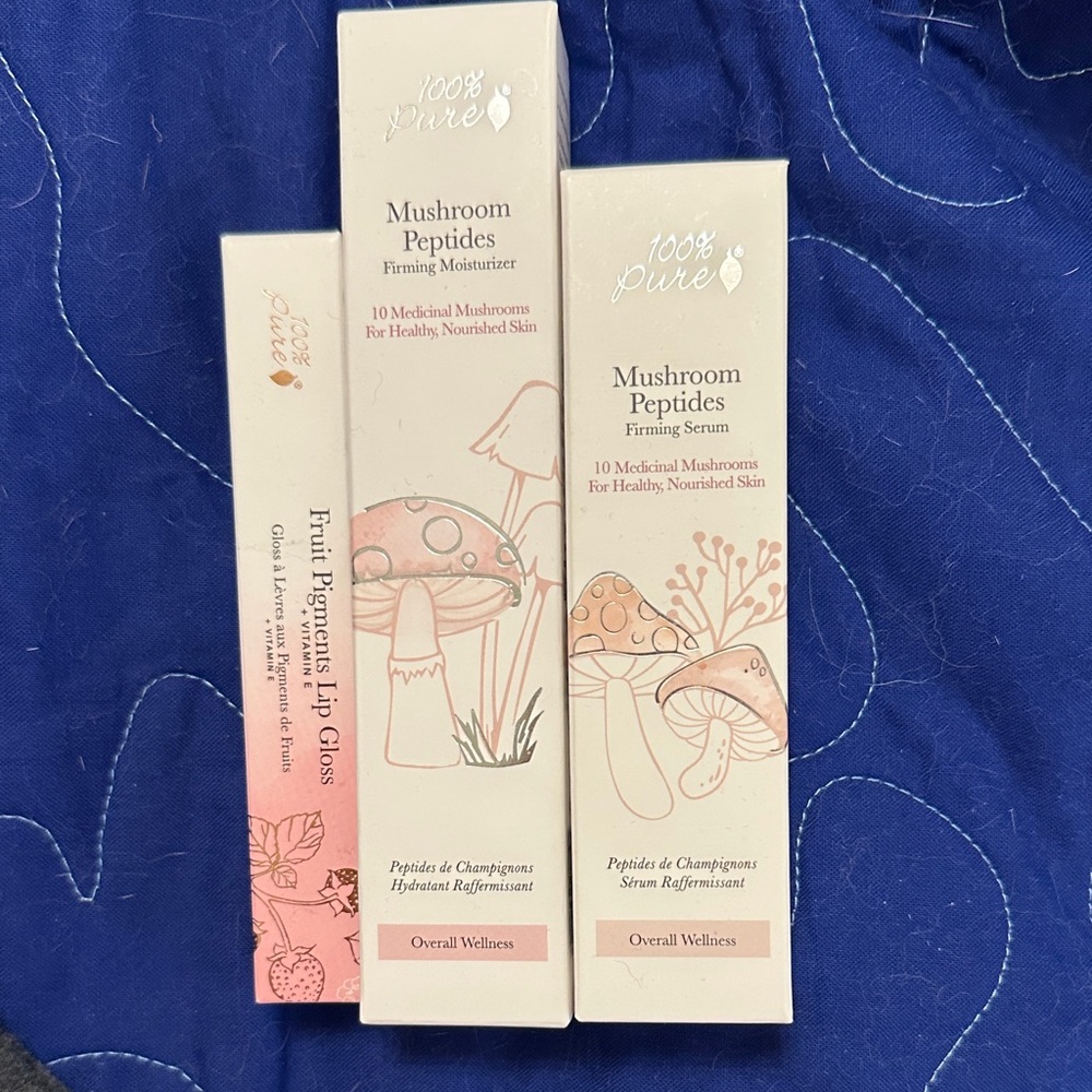 100% Pure Mushroom Peptides Skincare Duo and lip gloss